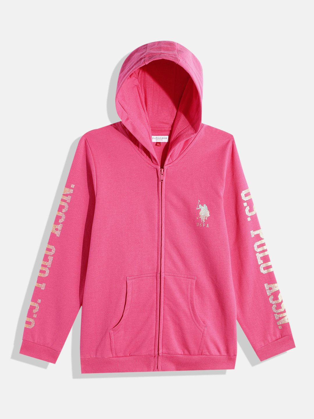 U.S. Polo Assn. Kids Girls Fuchsia Brand Logo Printed Hooded Sweatshirt