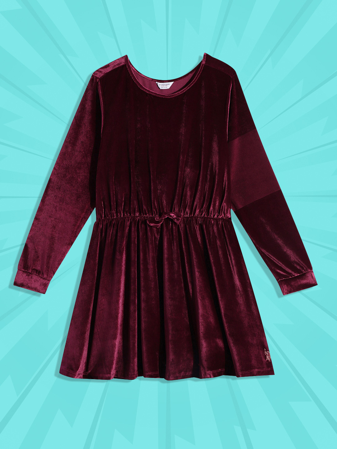 U.S. Polo Assn. Kids Girls Maroon Solid Velvet A-Line Dress