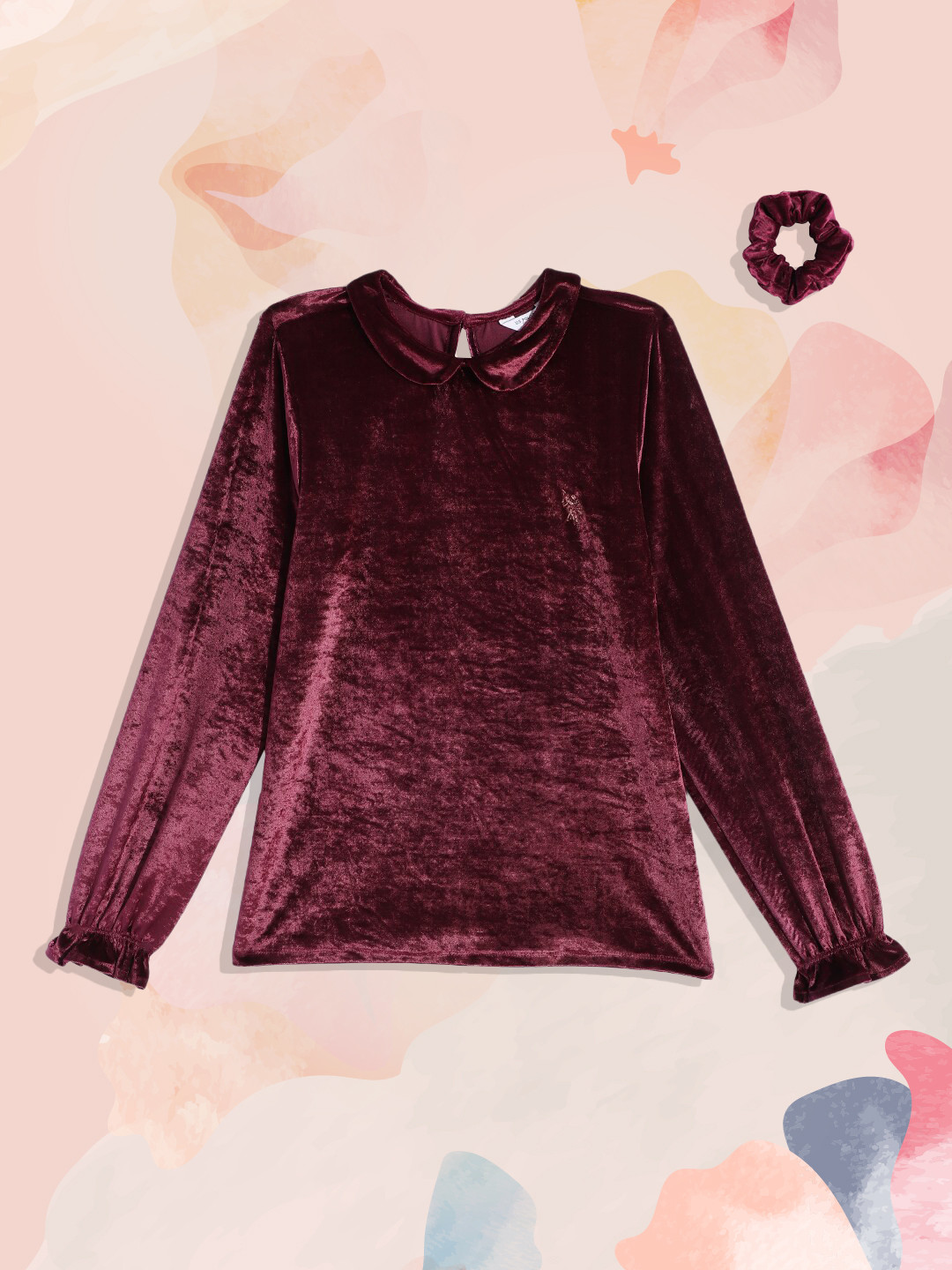 U.S. Polo Assn. Kids Girls Maroon Peter Pan Collar Velvet Top with Scrunchie