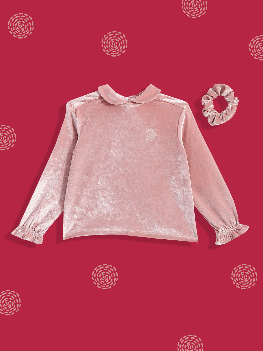U.S. Polo Assn. Kids Peach-Coloured Peter Pan Collar Velvet Top With Scrunchie