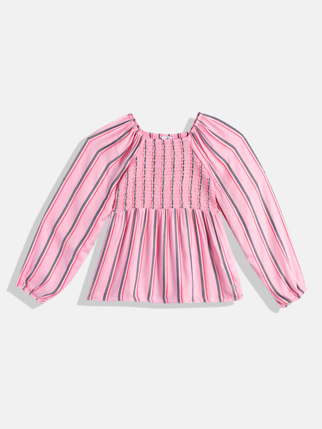 U.S. Polo Assn. Kids Girls Striped Square Neck Bishop Sleeves Smocked Fit & Flare Dress