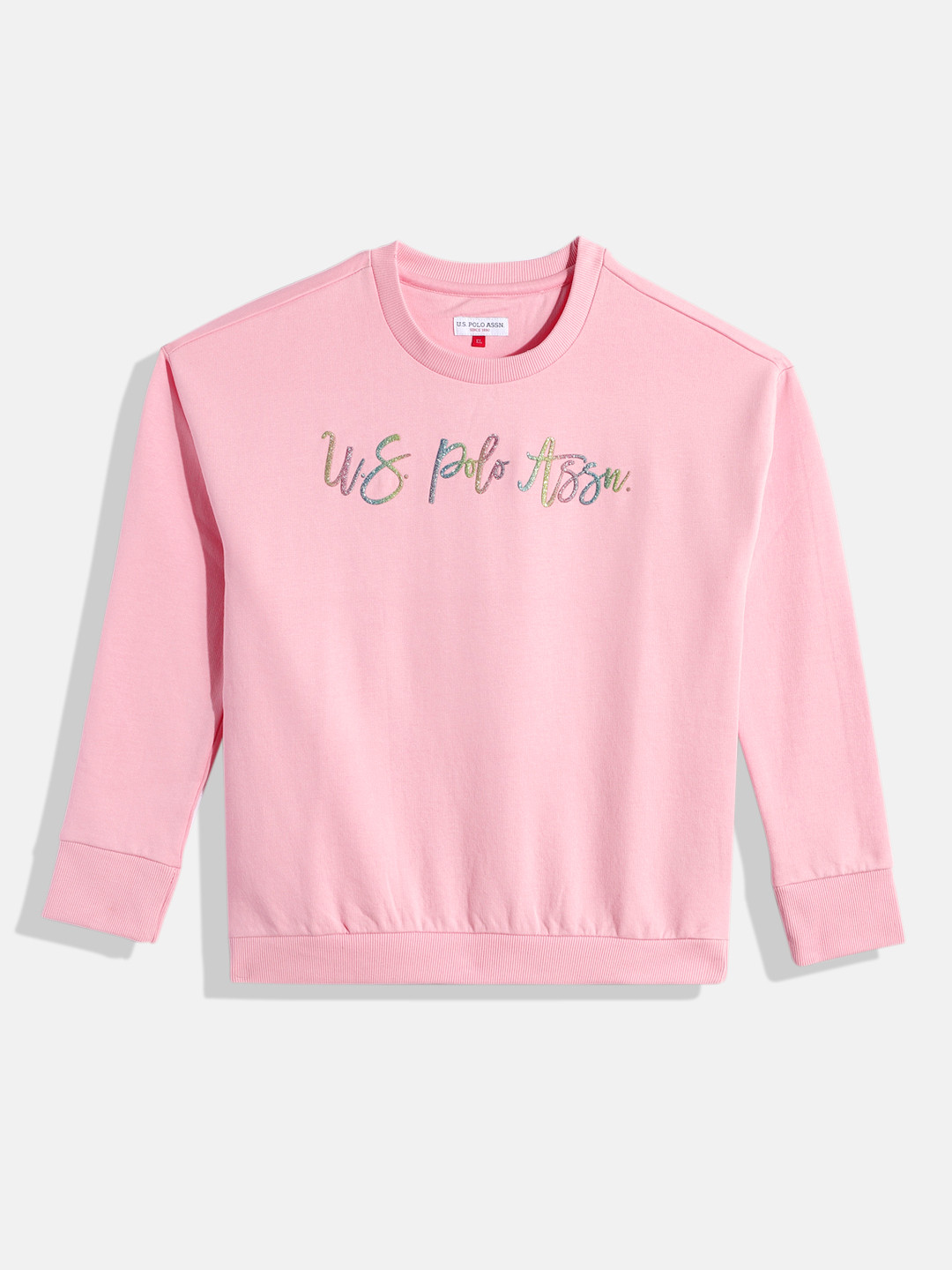 U.S. Polo Assn. Kids Girls Pink Brand Logo Print Sweatshirt With Embellished Detail