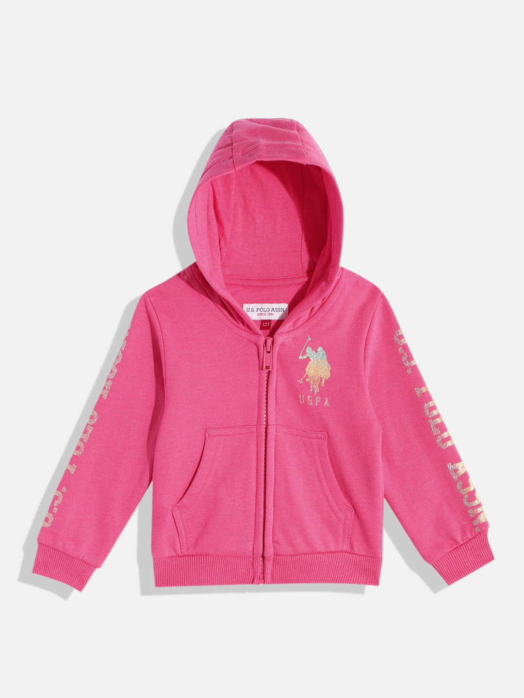 U.S. Polo Assn. Kids Girls Fuchsia Brand Logo Printed Hooded Sweatshirt