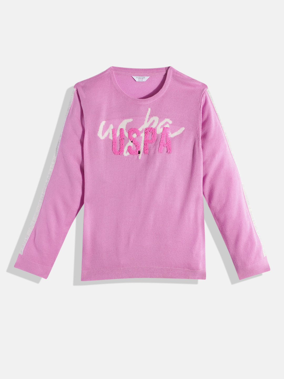 U.S. Polo Assn. Kids Girls Brand Logo Printed Pullover with Sequin Embellished Detail