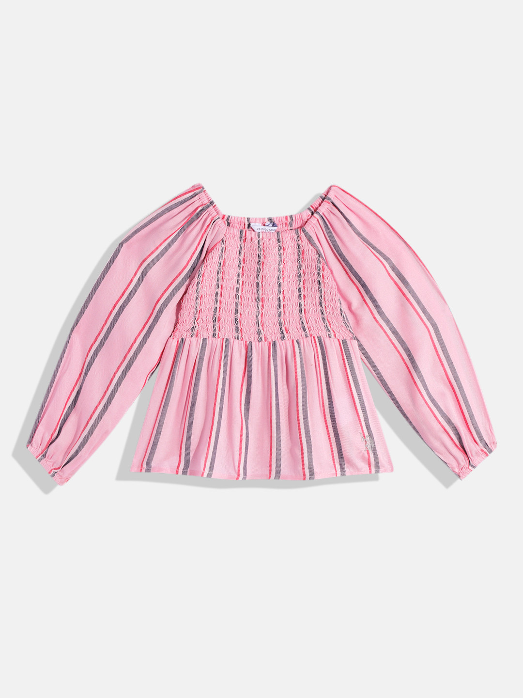 U.S. Polo Assn. Kids Girls Striped Square Neck Bishop Sleeves Smocked Fit & Flare Dress