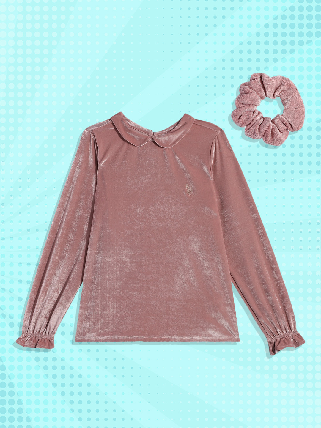 U.S. Polo Assn. Kids Girls Dusty Pink Peter Pan Collar Velvet Top with Scrunchie
