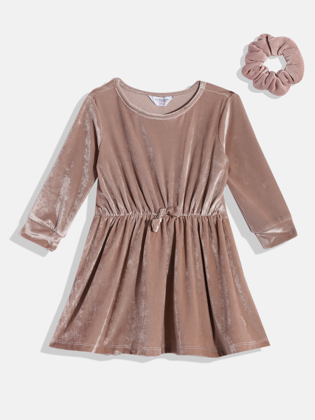 U.S. Polo Assn. Kids Girls Dusty Pink Velvet A-Line Dress with Scrunchie