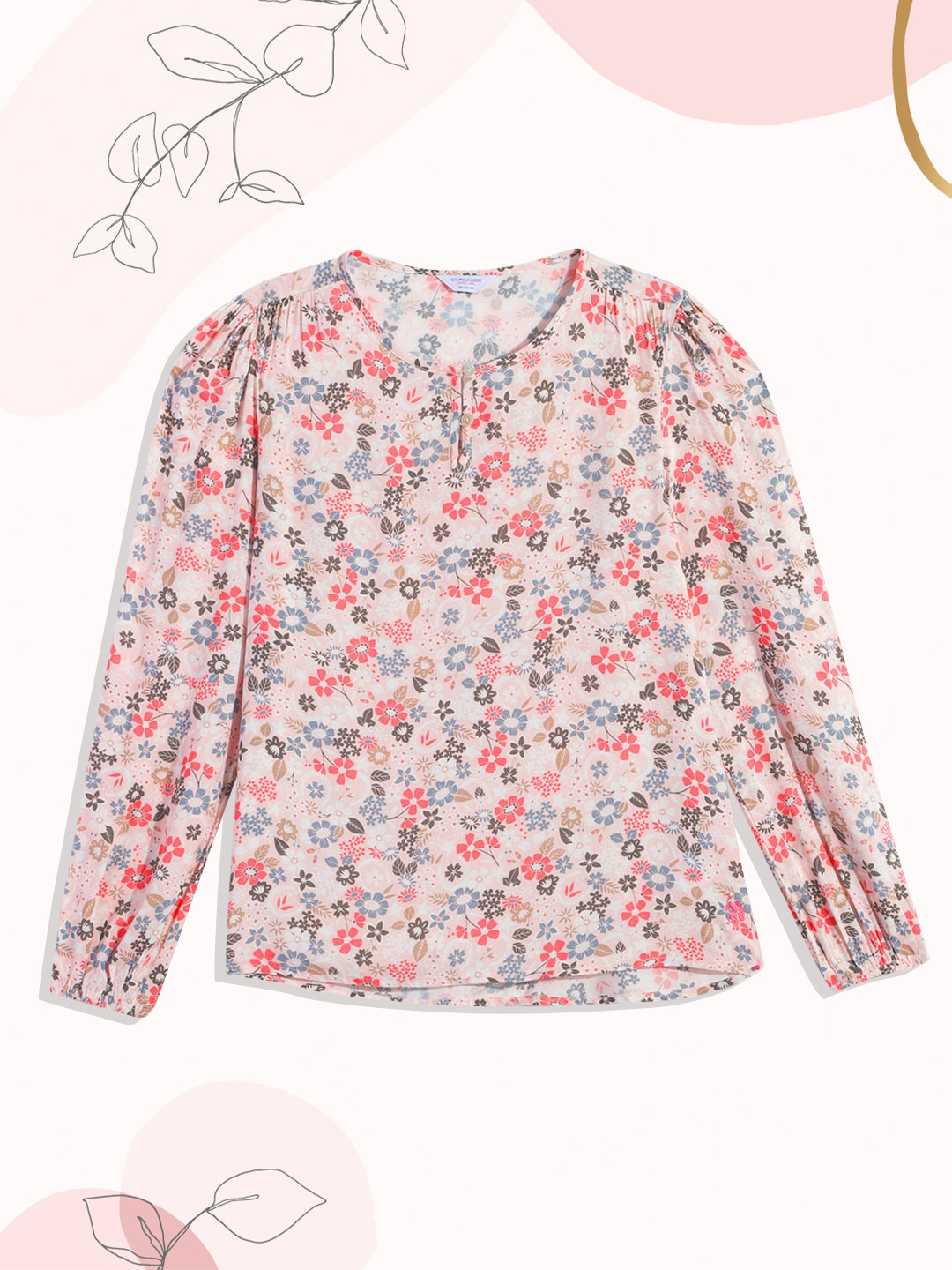 U.S. Polo Assn. Kids Girls Pink & Olive Green Floral Print Round Neck Bishop Sleeves Top