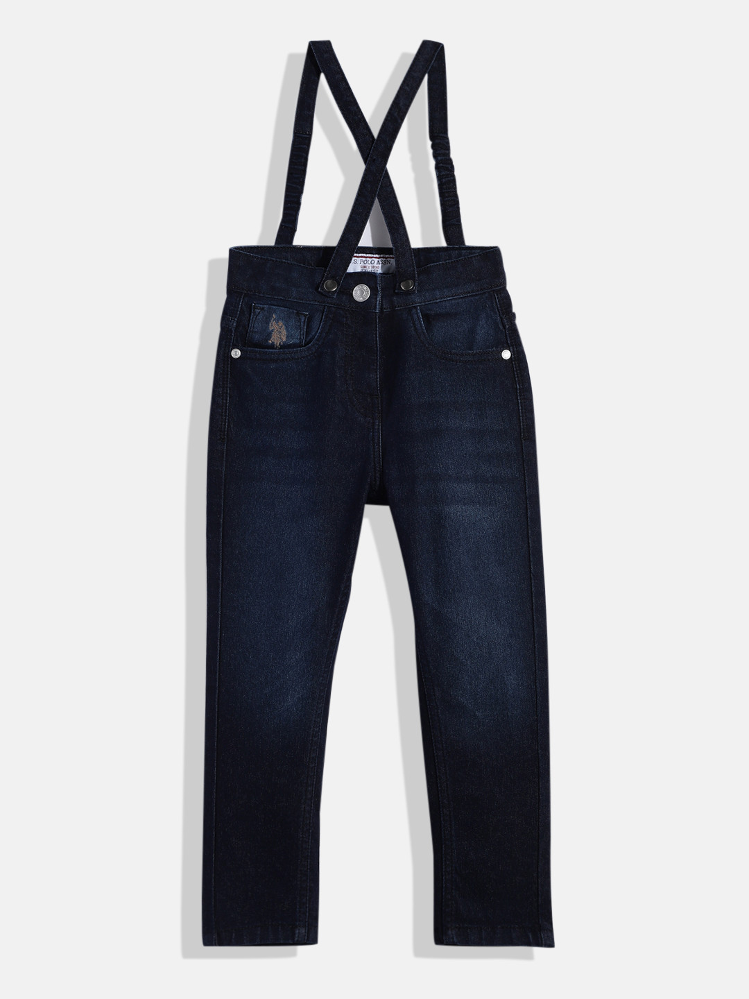 U.S. Polo Assn. Kids Girls Blue Solid Stretchable Jeans with Cross Strap Suspenders