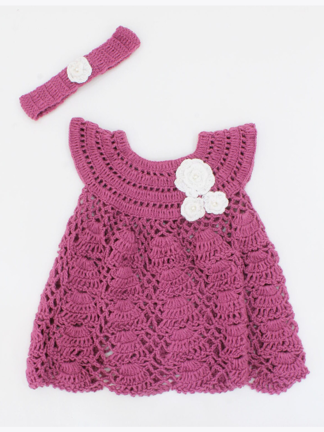 Woonie Kids Girls Purple Hand crocheted Shell Pattern Dress With Headband