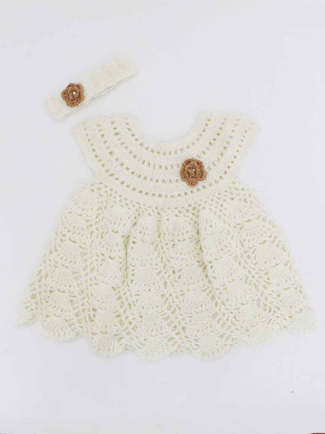 Woonie Cream-Coloured Floral Applique Dress With Headband