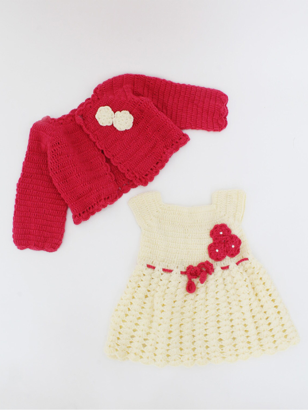 Woonie Girls Cream & Red Acrylic Applique Fit and Flare Dress With Jacket