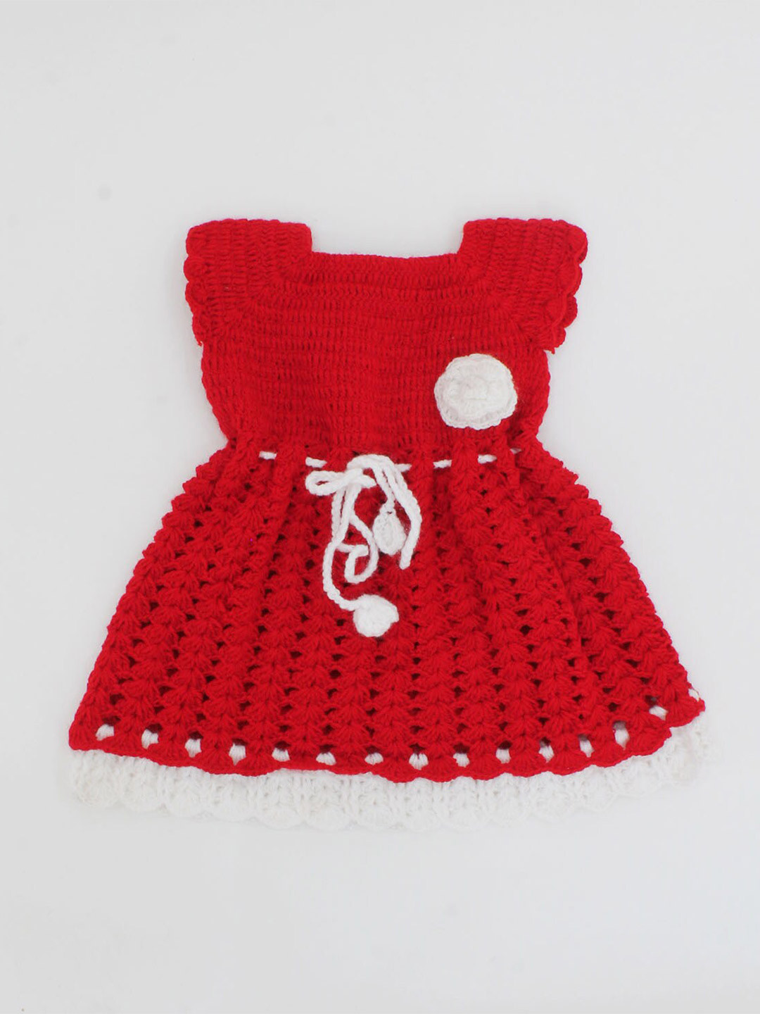 Woonie Red Half Sleeves Flower Applique Handmade Dress