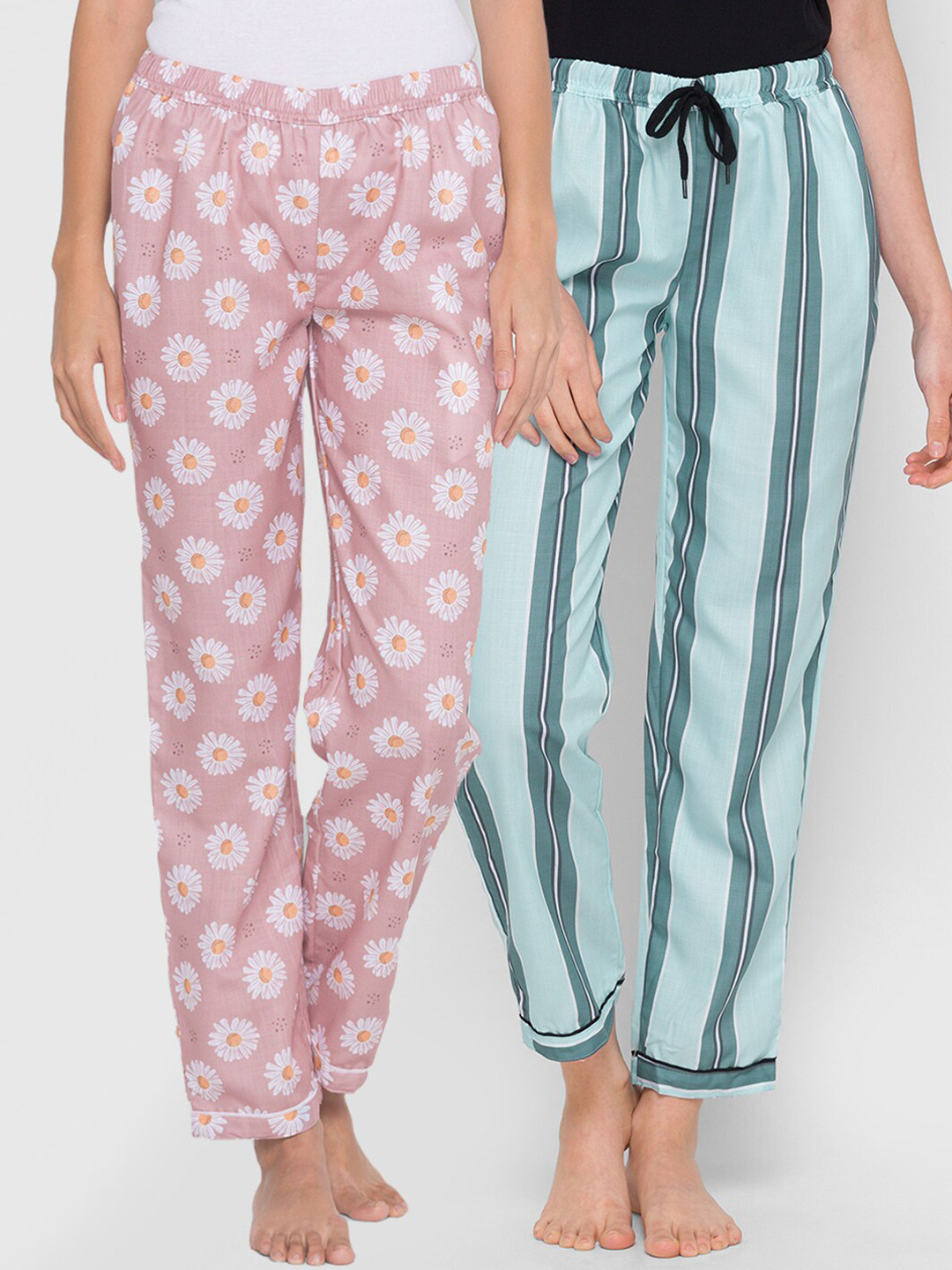 FashionRack Pack of 2 Women Pink & Turquoise Blue Printed Cotton Lounge Pants