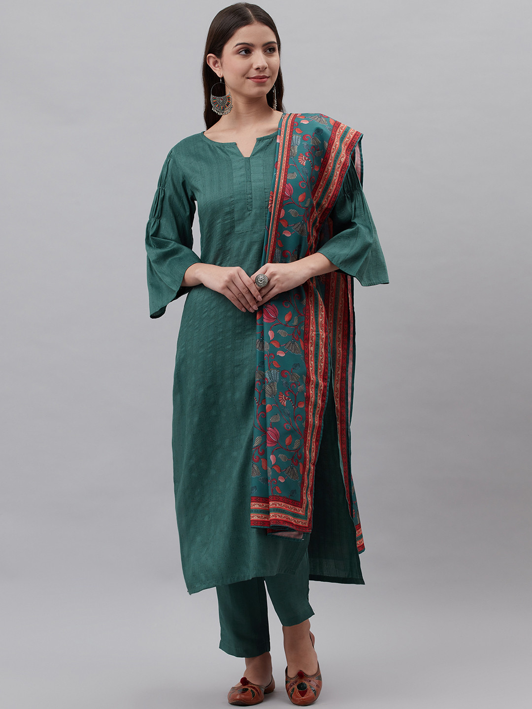 RAJGRANTH Women Green Silk Chiffon Kurta with Trousers & With Dupatta