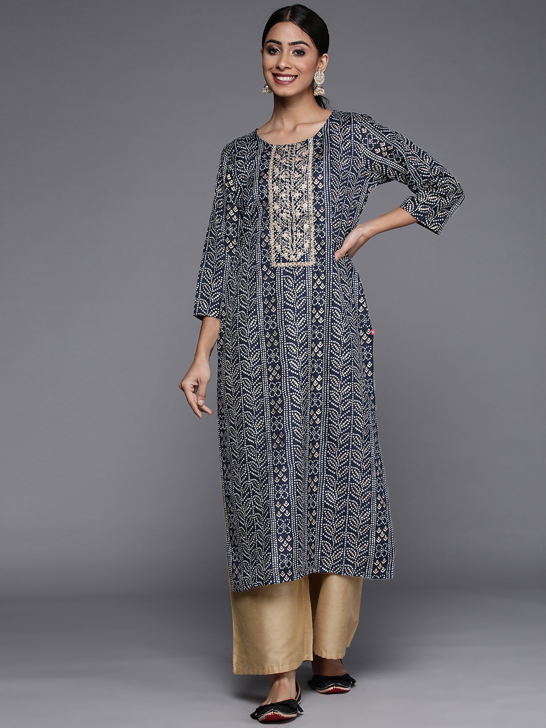 Varanga Women Navy Blue Bandhani Print Mirror Work Kurta
