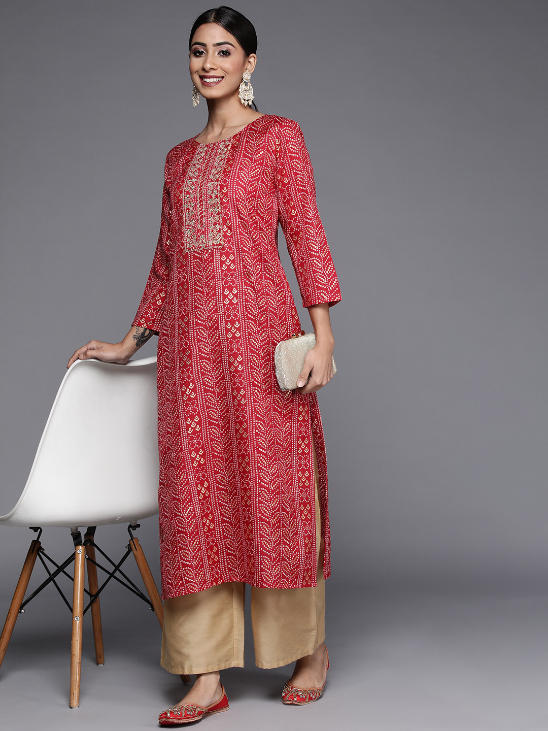 Varanga Women Red Bandhani Print Mirror Work Kurta