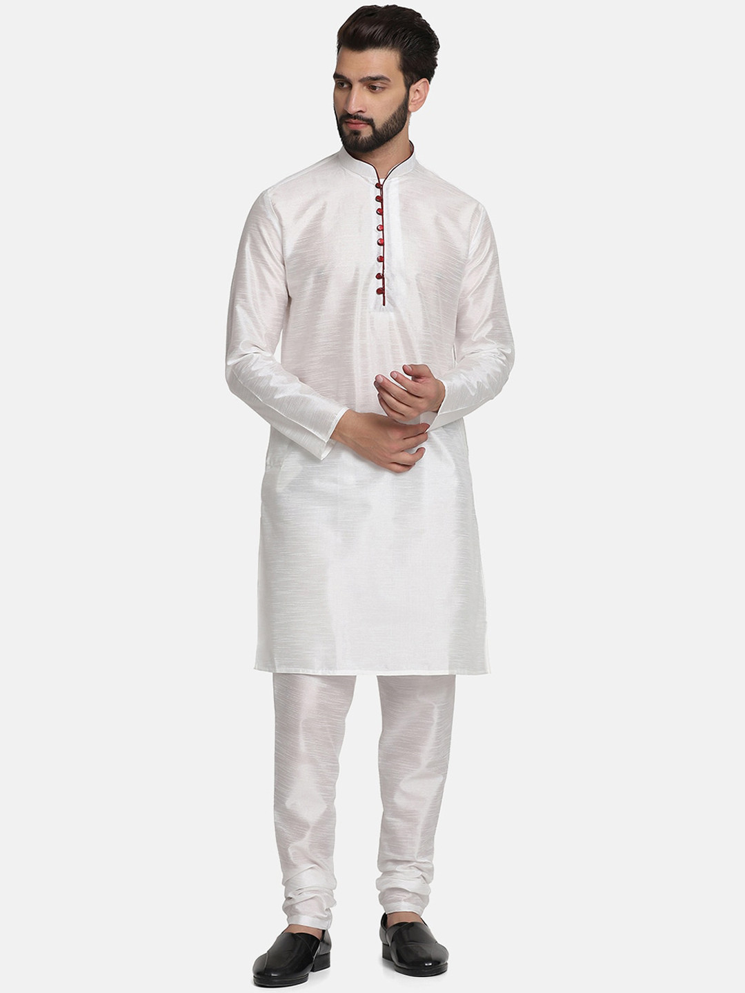 TAHVO Men White Dupion Silk Kurta with Pyjamas