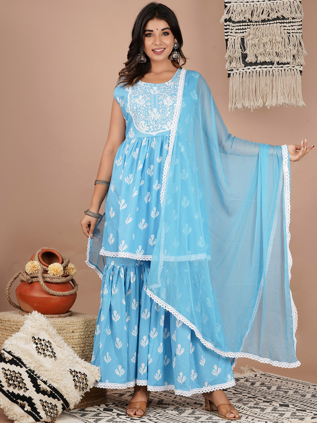 JAIPUR PRIME Women Blue Ethnic Motifs Embroidered Pure Cotton Kurti with Sharara &