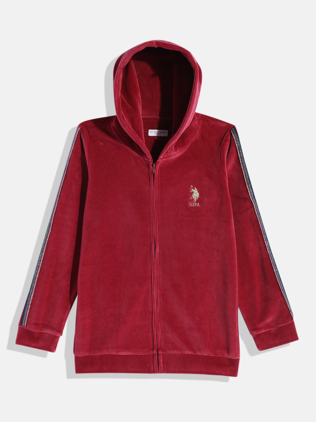 U.S. Polo Assn. Kids Girls Fuchsia Hooded Front-Open Sweatshirt With Taping Detail