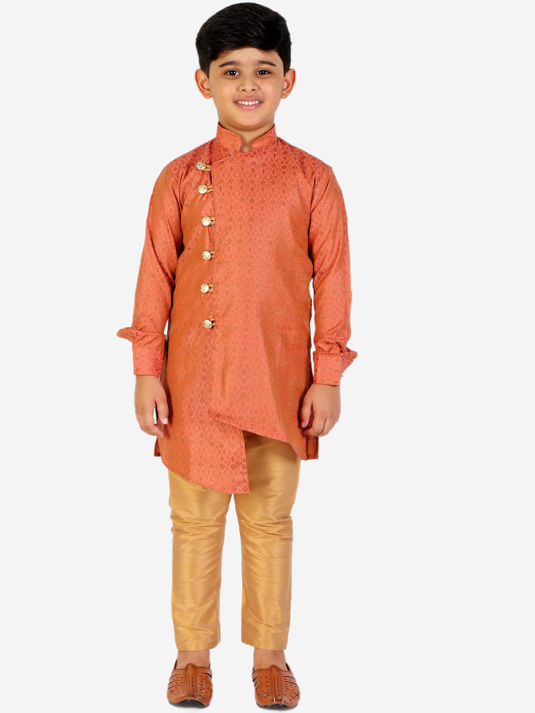 Pro-Ethic STYLE DEVELOPER Boys Rust & Golden Angrakha Pure Silk Kurta with Pyjamas