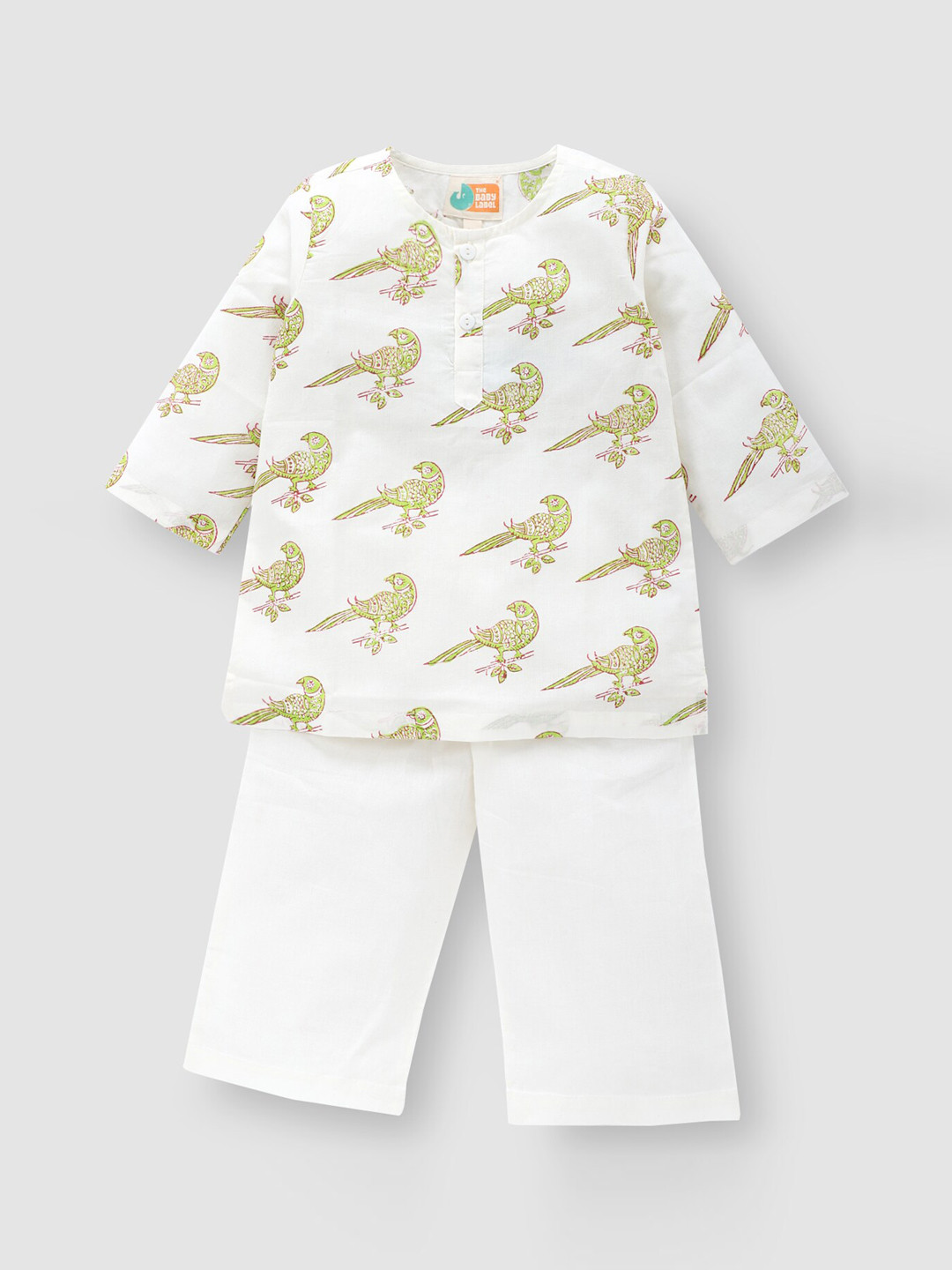 THE BABY LABEL Kids Green Pure Cotton Hidustani Tota Hand-Block Printed Kurta Pyjama Set