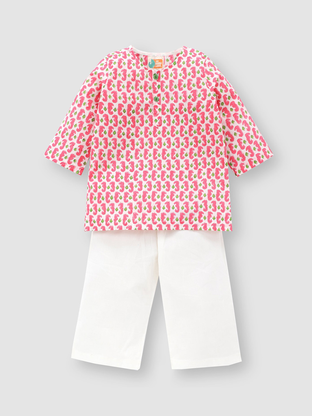 THE BABY LABEL Unisex Kids Pink Pure Cotton Hand-Block Print Kurta Pyjama Set