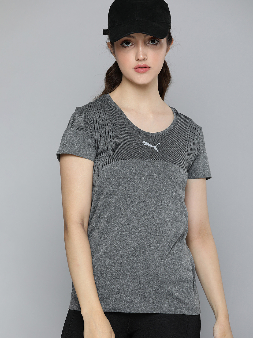 Puma Women Charcoal Black Slim Fit evoKNIT Seamless dryCELL T-shirt