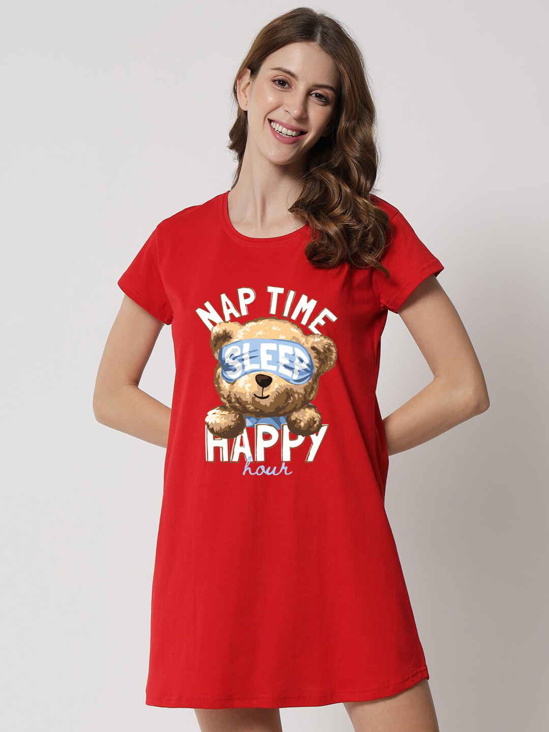 FFLIRTYGO Red Printed T-shirt Nightdress