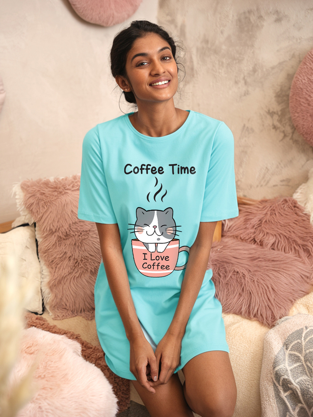 FFLIRTYGO Turquoise Blue Printed Cotton Blend Above Knee T-Shirt Nightdress