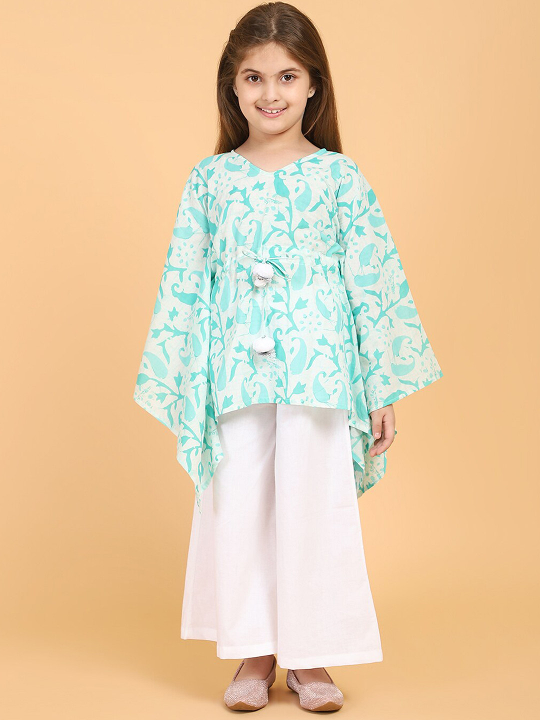 PICCOLO Girls Green Floral Printed Layered Pure Cotton Kurti with Palazzos