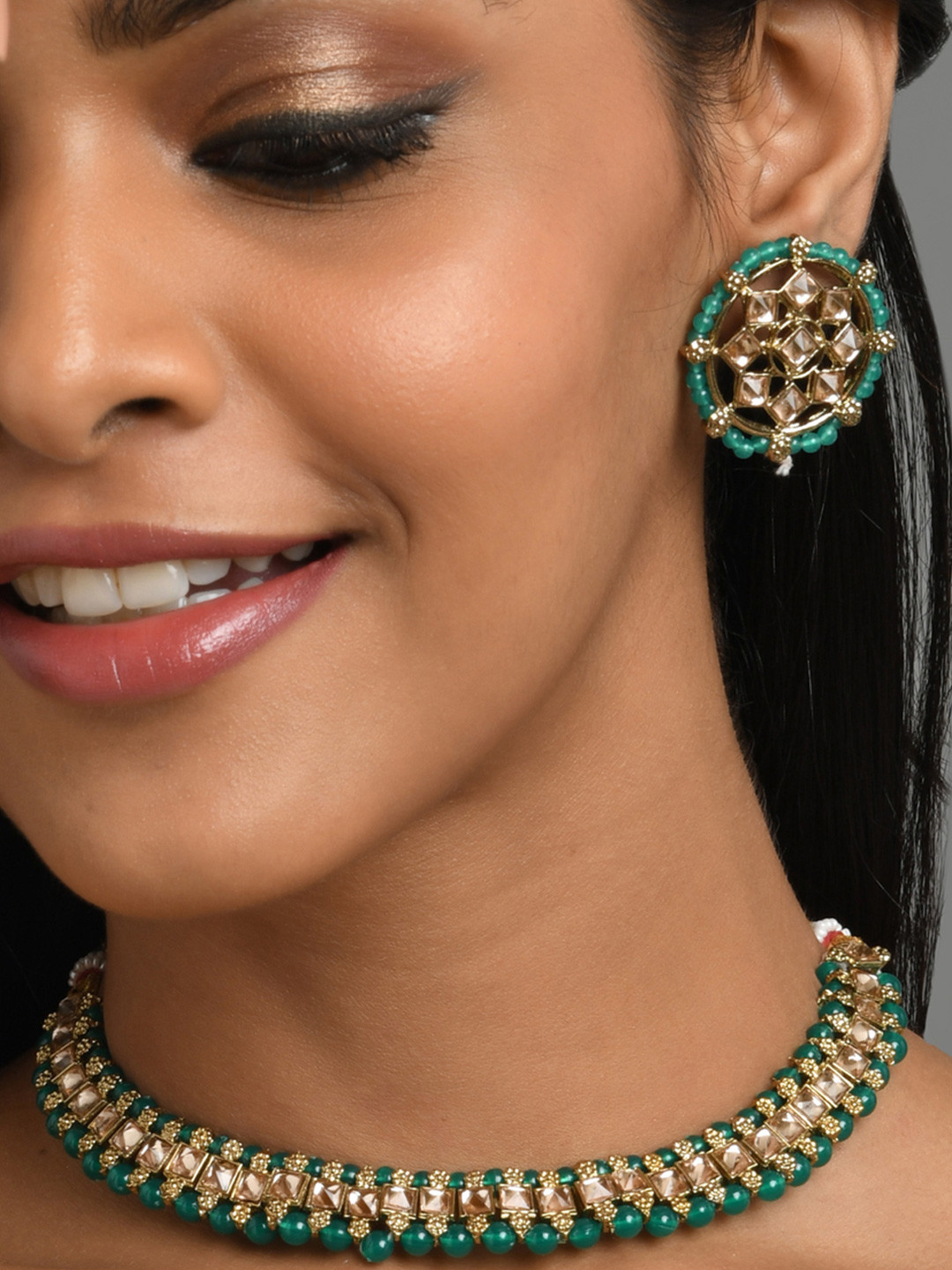 Fida Green & Gold Plated Studded Jewelry Set