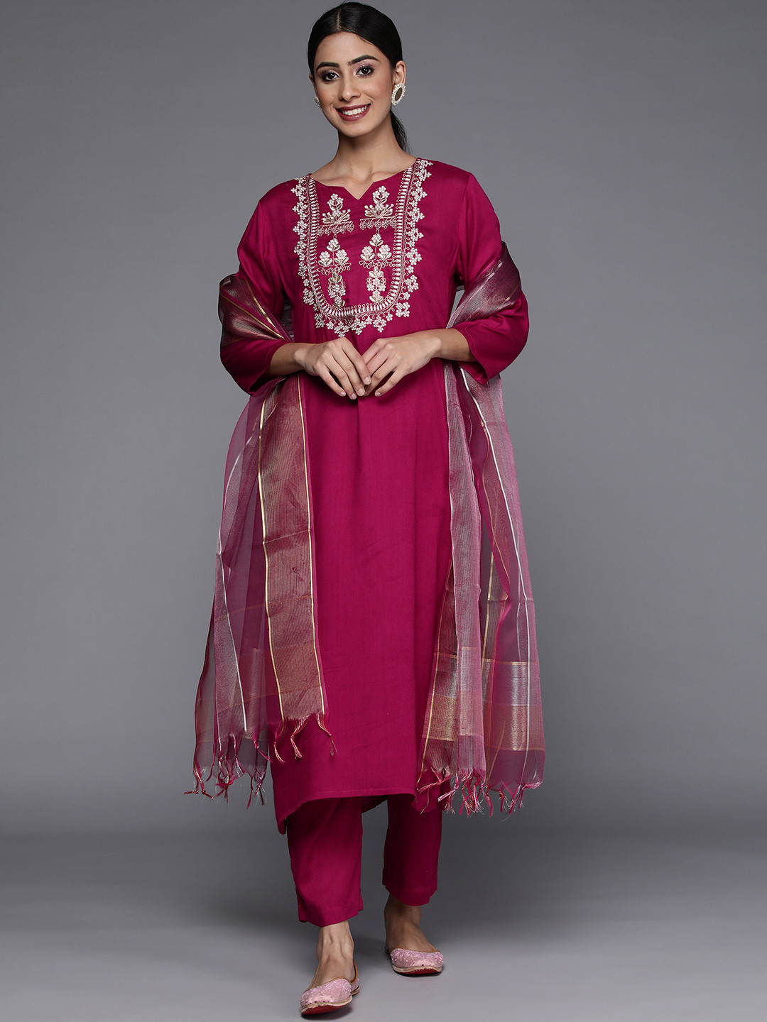 Varanga Women Maroon Yoke Design Mirror Work Kurta with Trousers & Dupatta