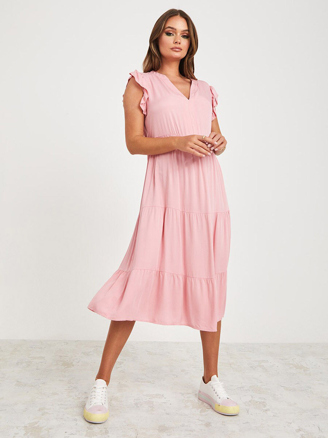 Styli Women Pink Frill Sleeves Viscose Tiered Midi Dress