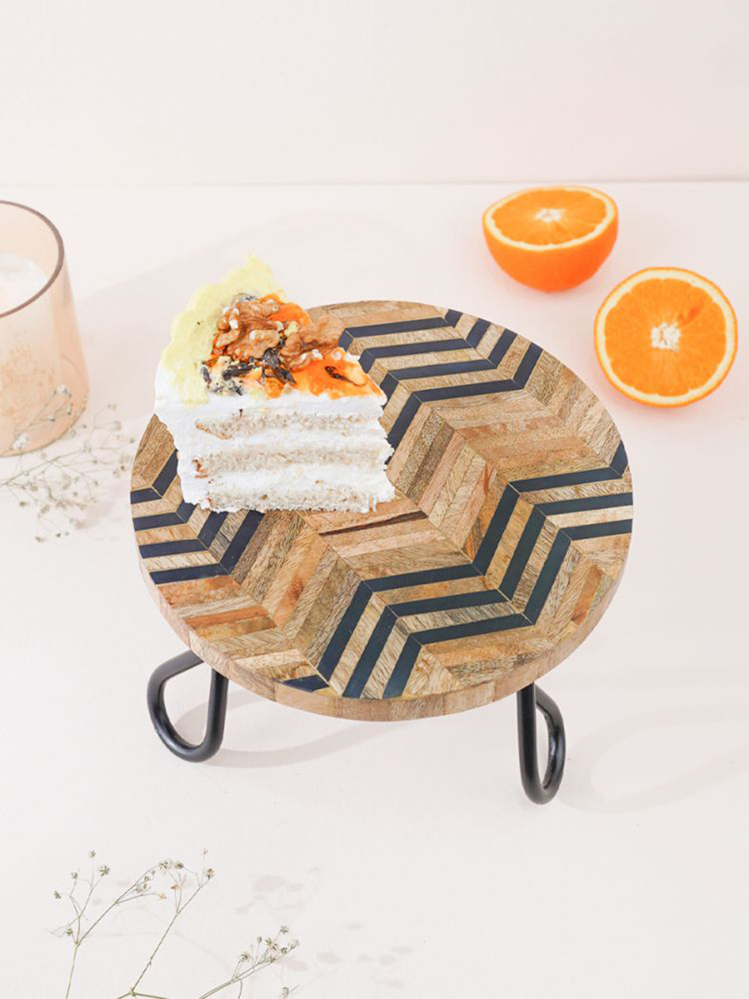 CASA DECOR Tan Brown Printed Wood Cake Stand