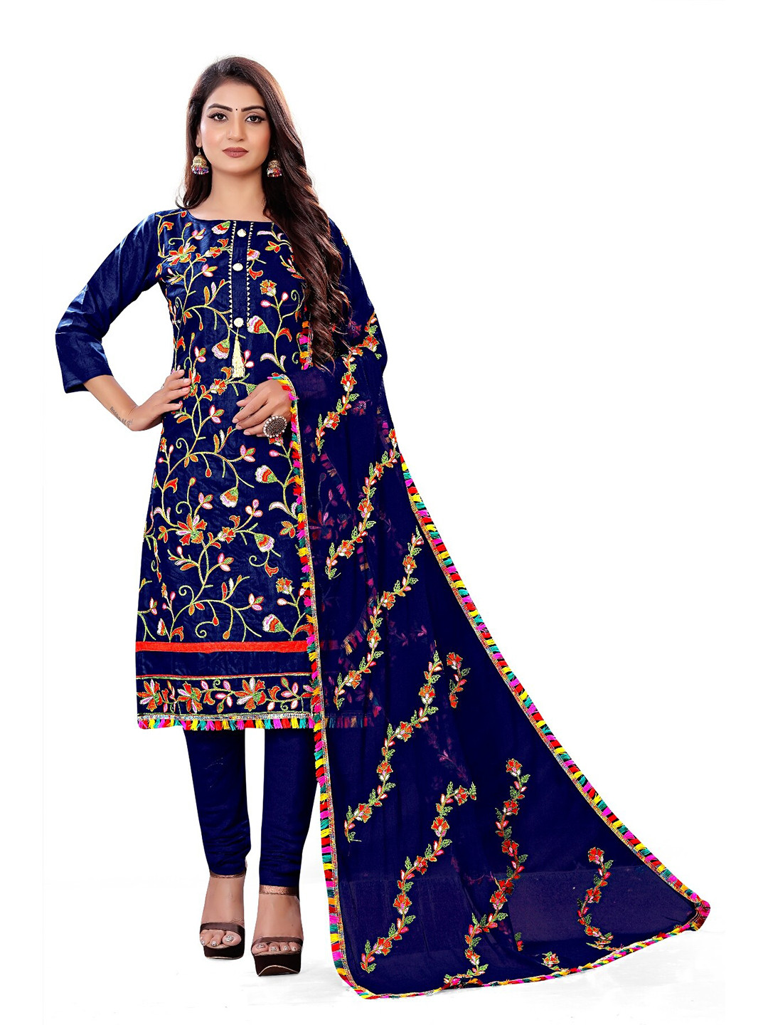 BIRVAA Women Blue & Red Embroidered Unstitched Dress Material