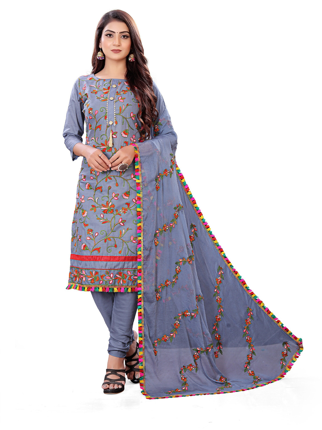 BIRVAA Grey & Red Embroidered Unstitched Dress Material
