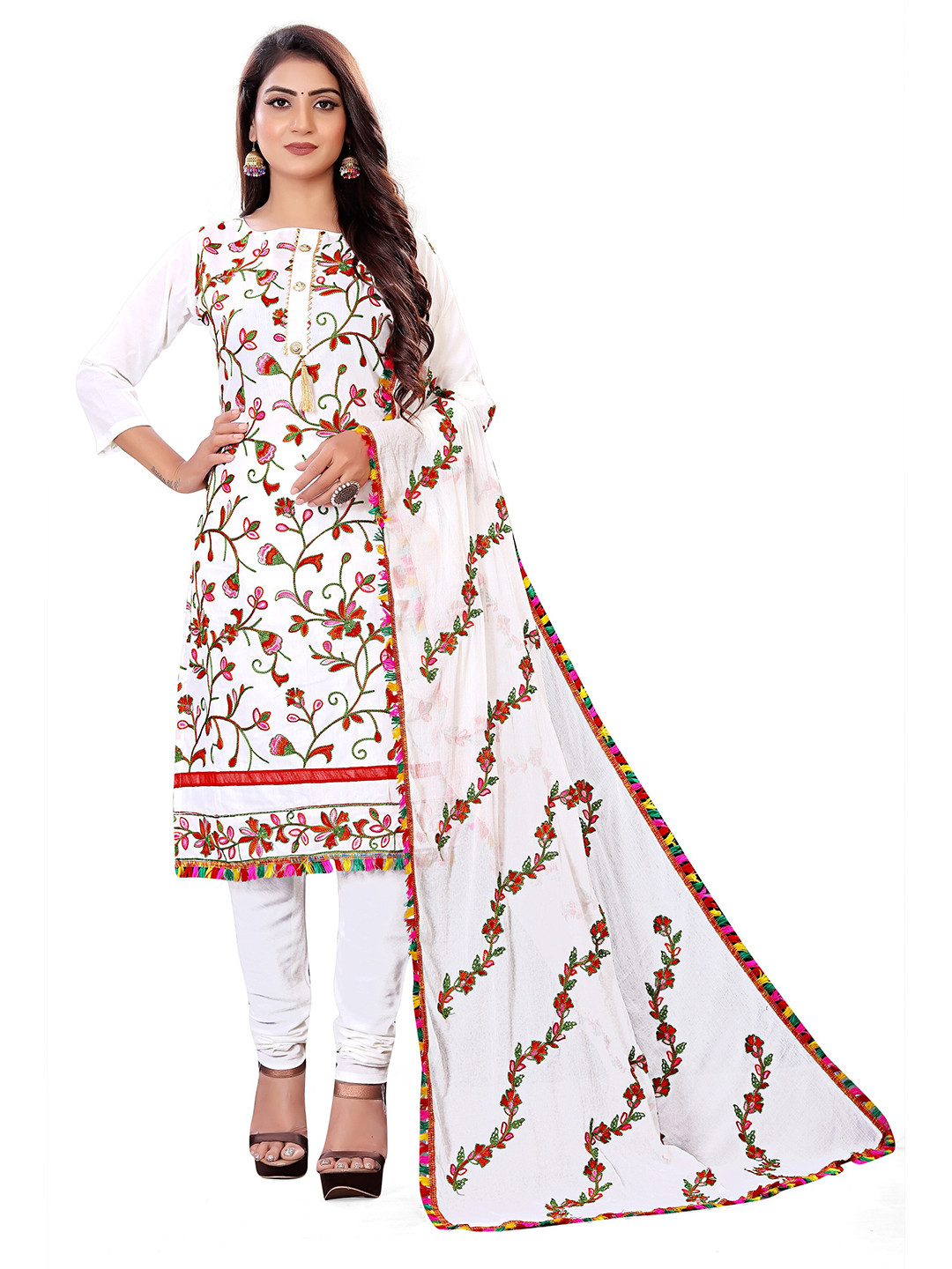 BIRVAA White & Red Embroidered Unstitched Dress Material