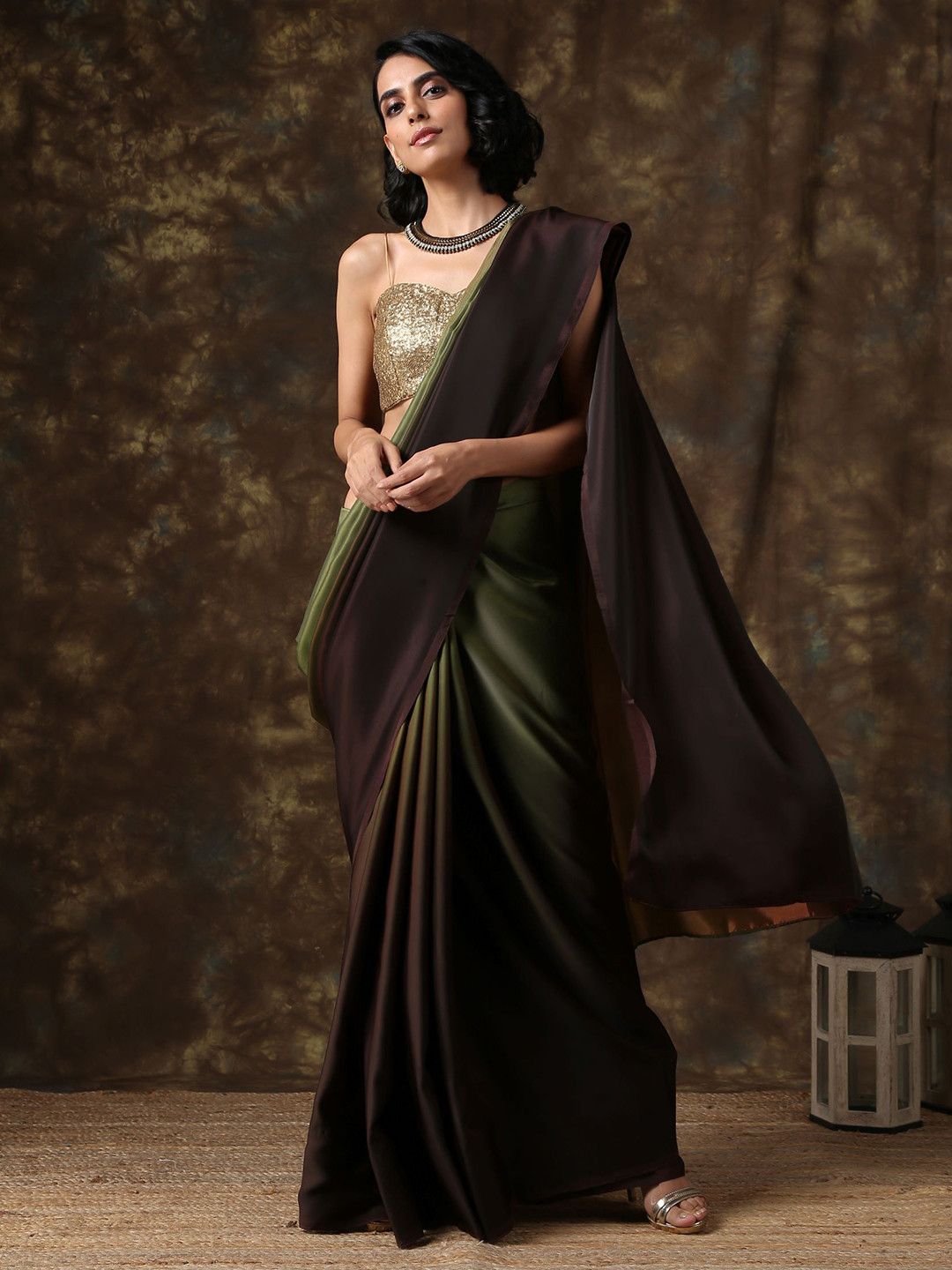 Swtantra Coffee Brown & Green Ombre Satin Saree