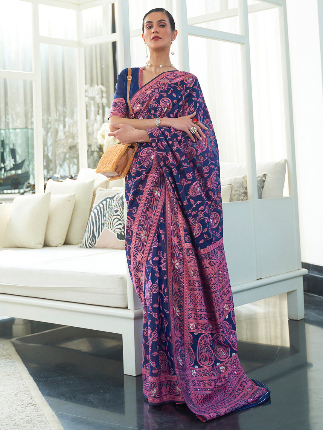 Mitera Navy Blue & Purple Ethnic Motifs Zari Linen Blend Banarasi Saree