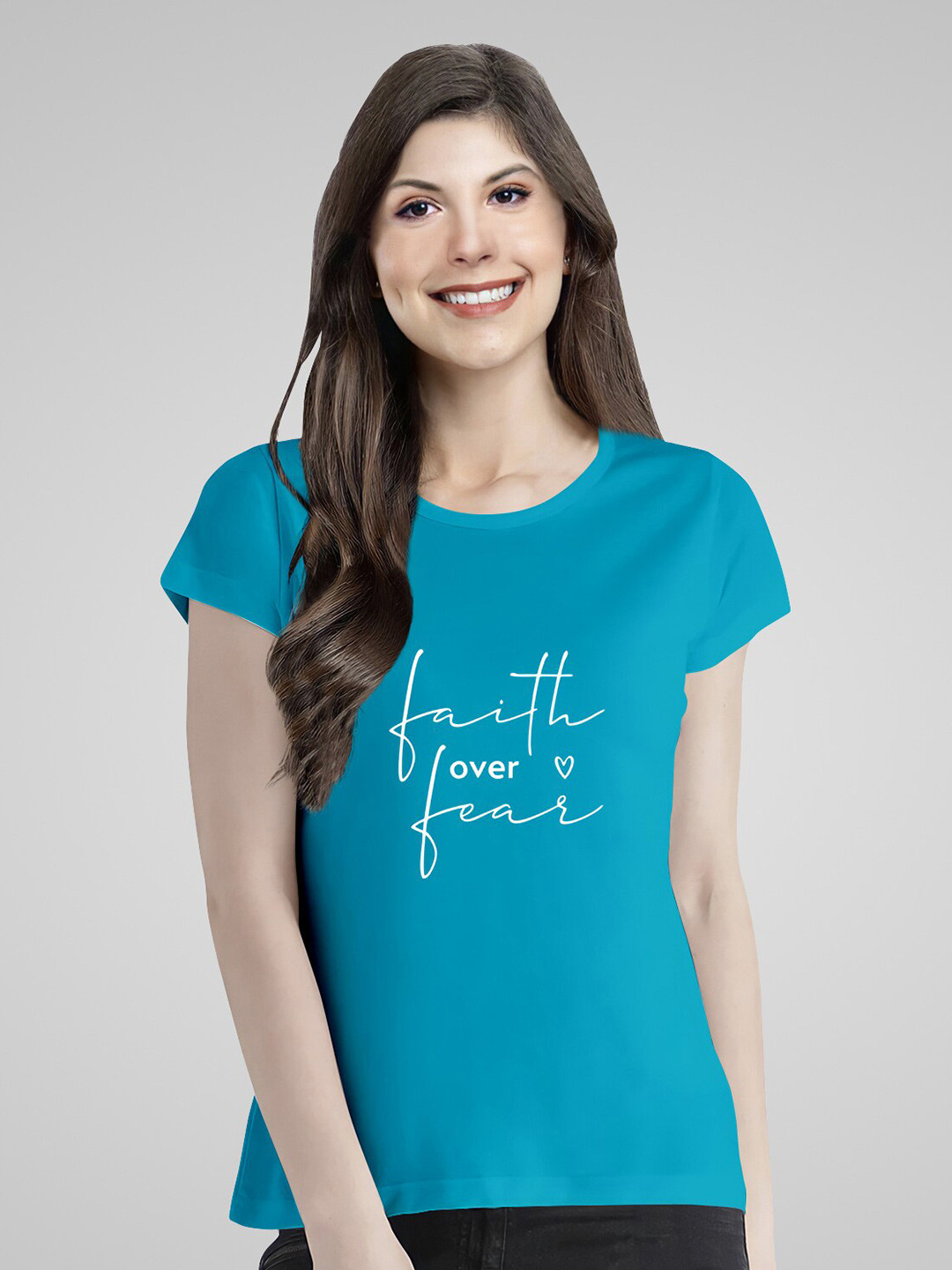 Pootlu Womens Turquoise Blue Faith Over Fear Premium Cotton Printed T-shirt