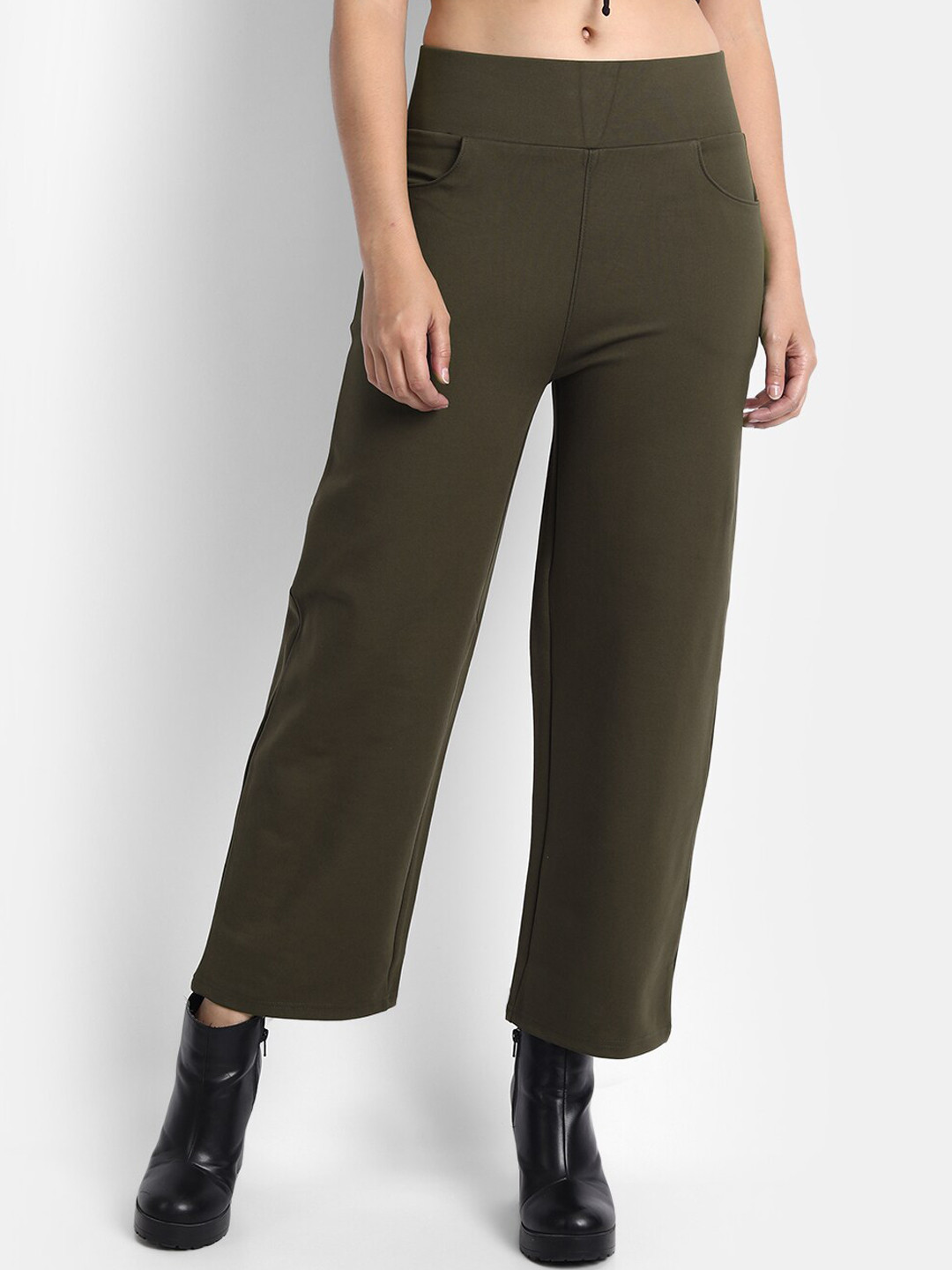 Next One Women Olive Green Straight Fit High-Rise Cropped Trousers