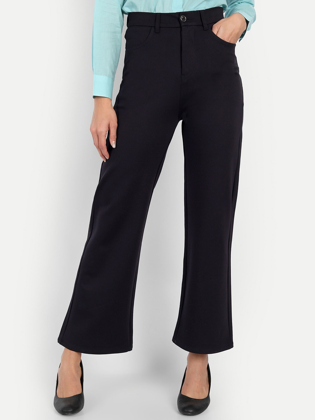 Next One Women Navy Blue Straight Fit High-Rise Easy Wash Trousers