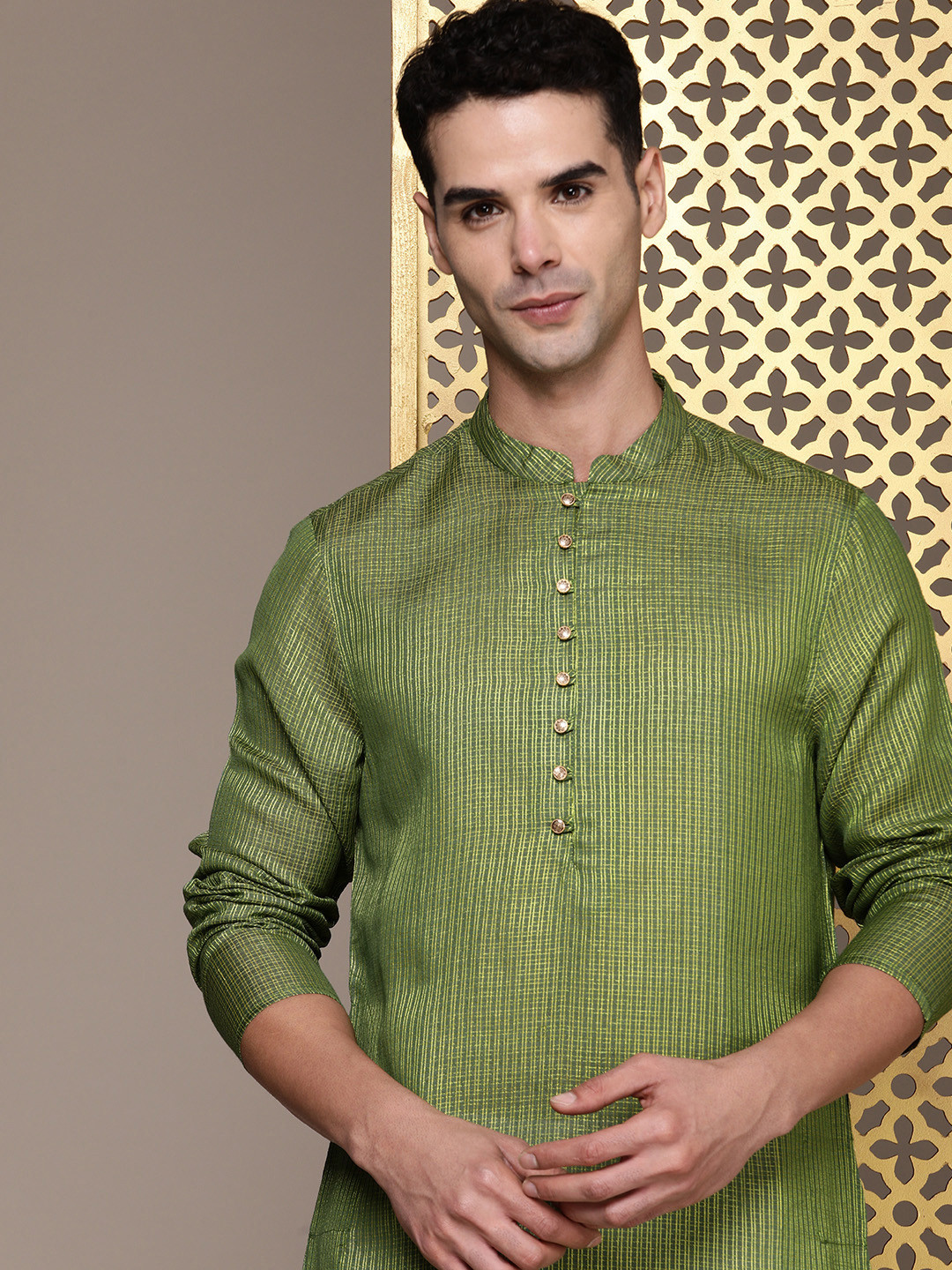 House of Pataudi Checked Woven Design Regular Jashn Pure Cotton Kurta with Pyjama