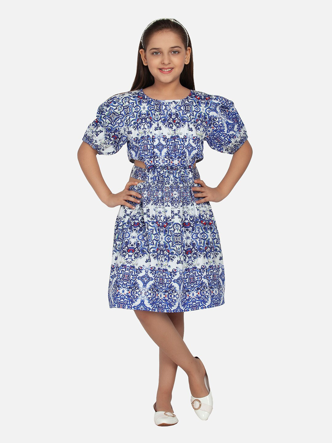 BLANC9 Blue & White Abstract Printed Satin Dress