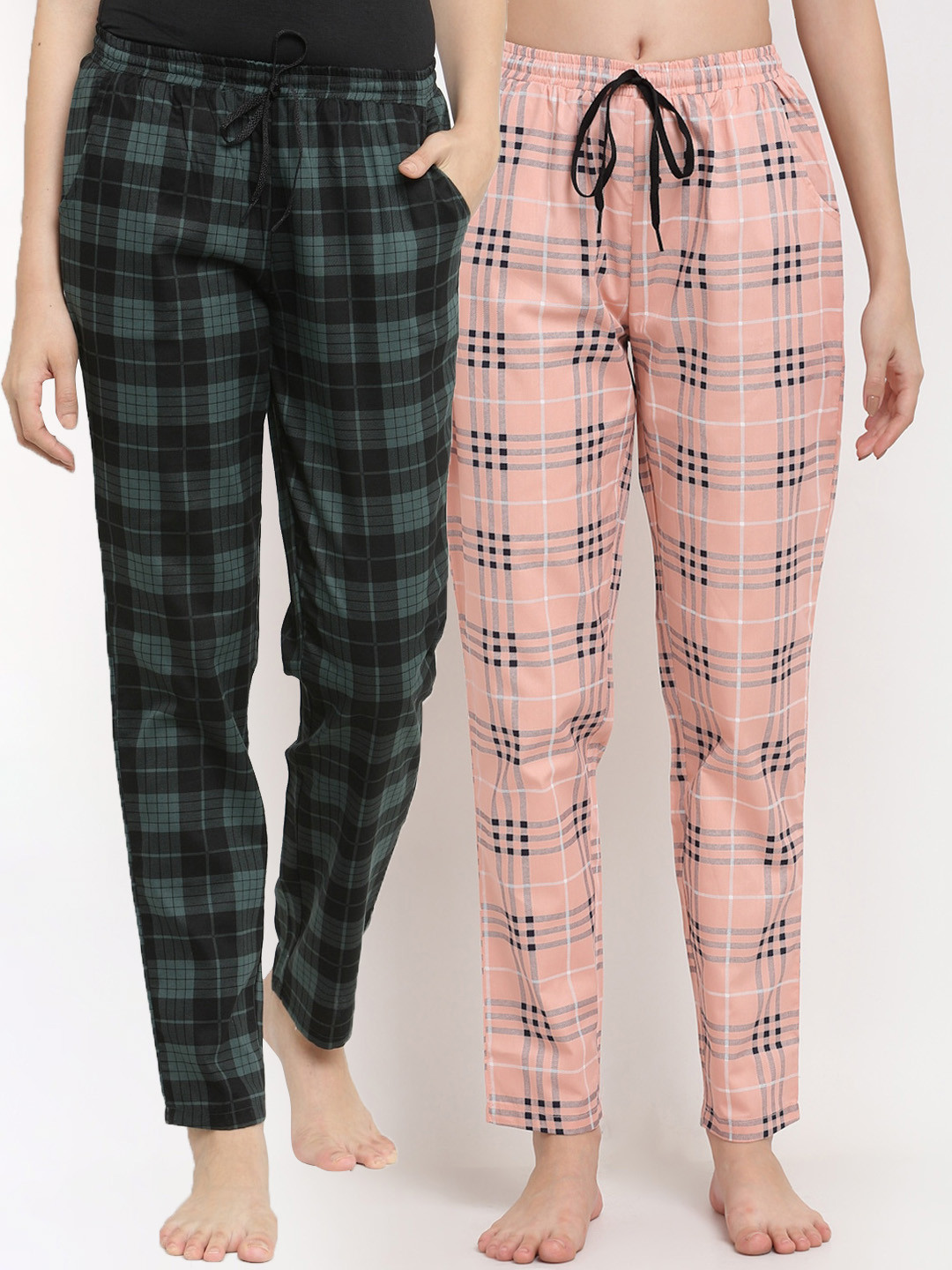 Claura Women Pack Of 2 Green & Pink Checked Pure Cotton Lounge Pants