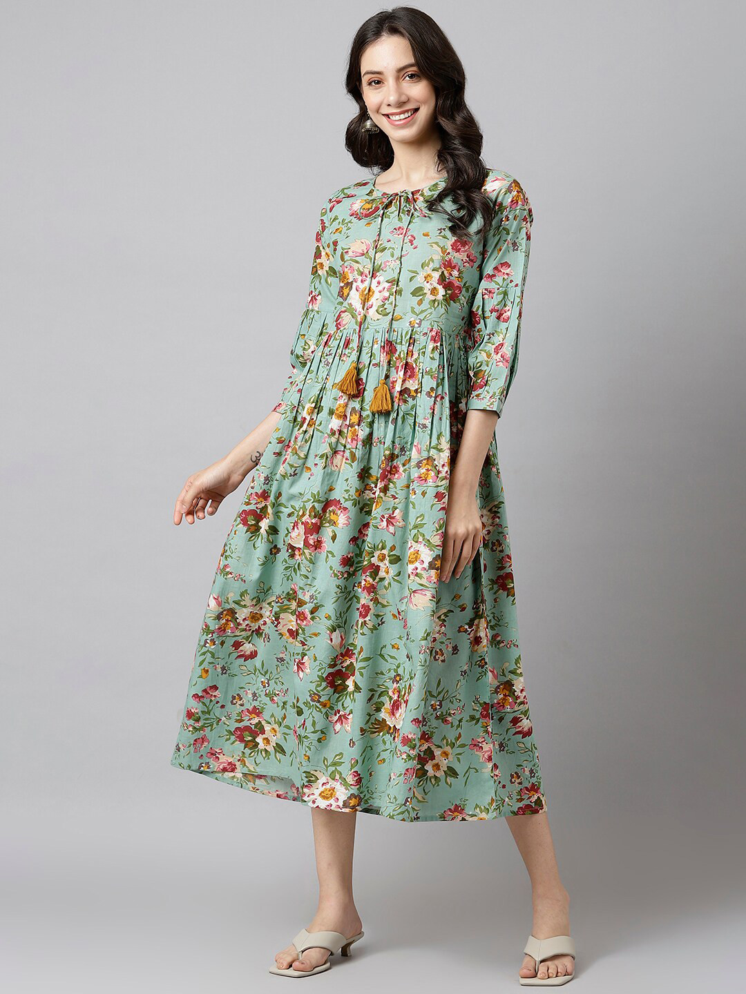 DECKEDUP Green Floral A-Line Midi Dress
