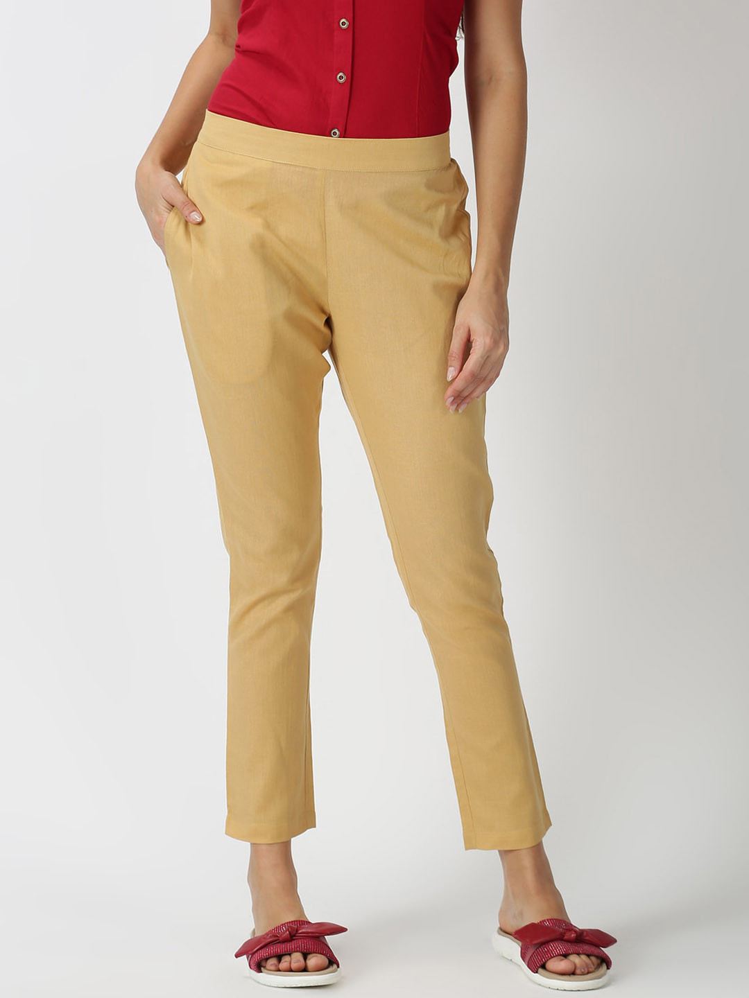 Saffron Threads Women Beige Original Easy Wash Trousers