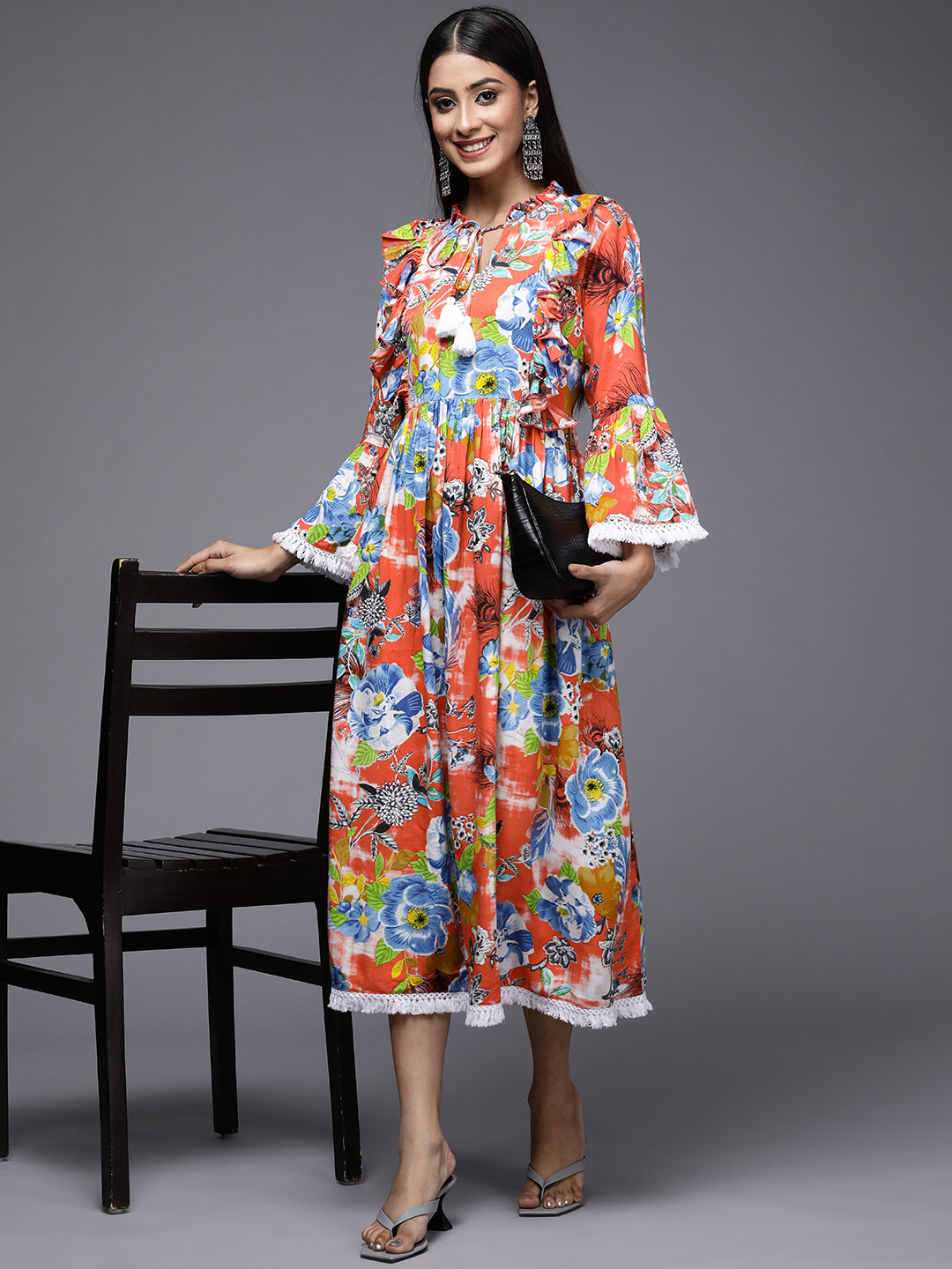 Indo Era Orange & Blue Floral Tie-Up Neck A-Line Midi Dress