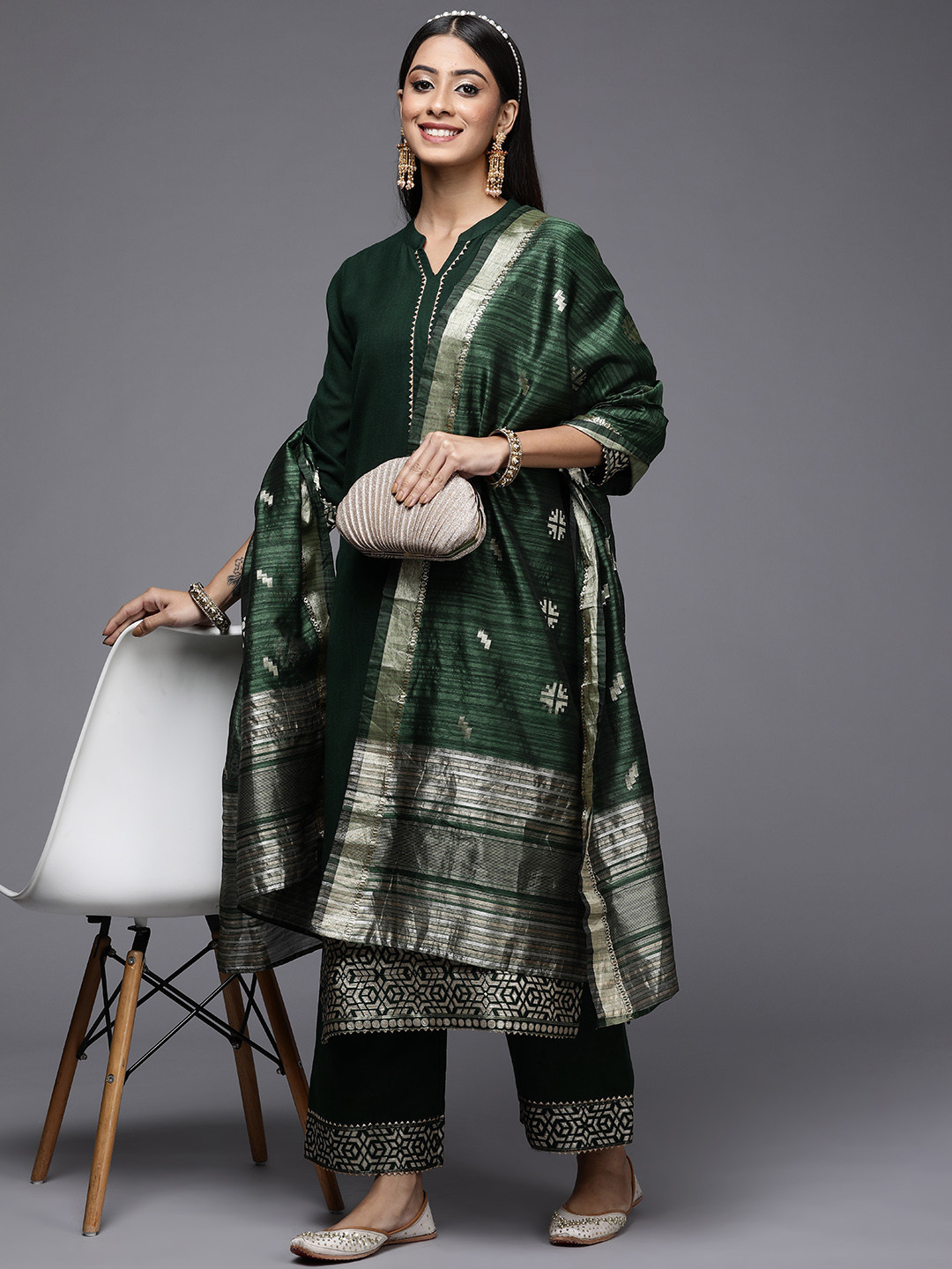 Indo Era Women Green Patchwork Kurta with Palazzos & With Dupatta